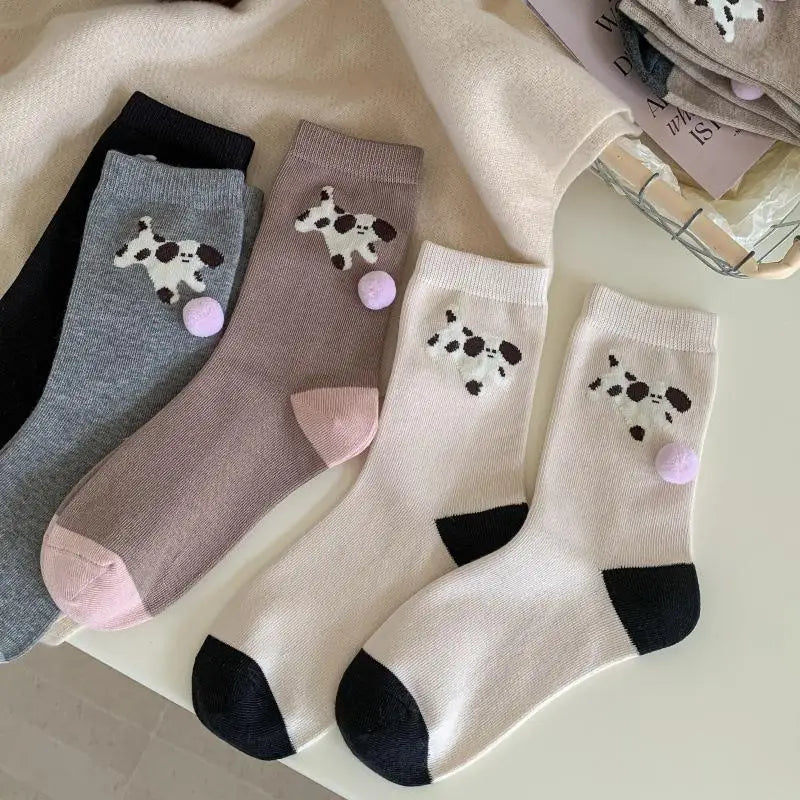 Cute Women's Puppy Socks – Animal Print Cotton Mid-Tube & Fur Ball Novelty Women's Socks Axl
