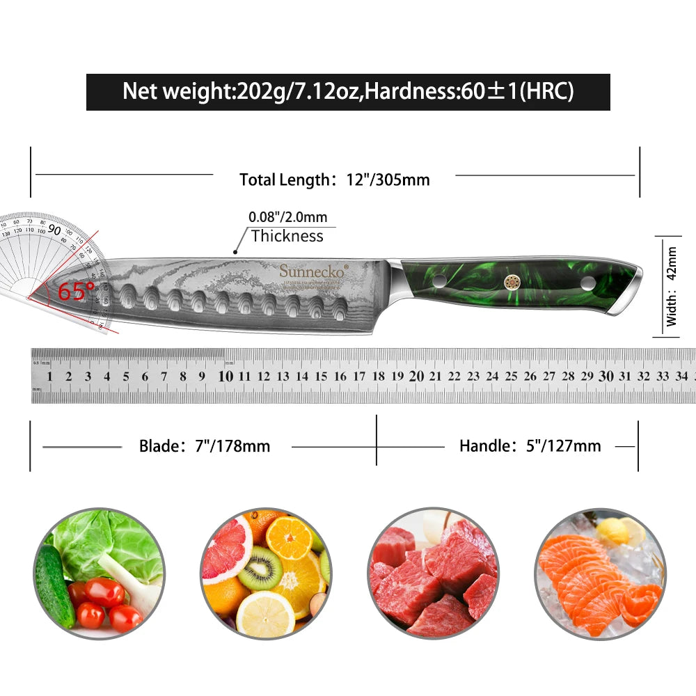 Sunnecko 7" Damascus Santoku Knife – 73-Layer VG10 Steel Damascus Santoku Knife Axl
