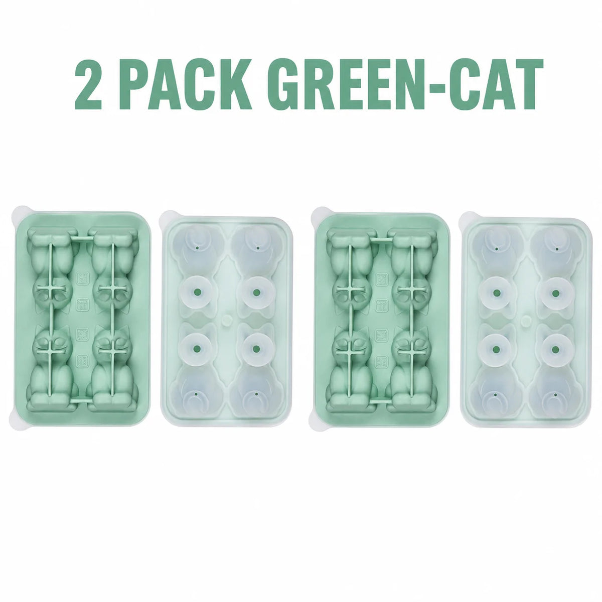 4-Cavity 3D Cat Silicone Ice Cube Tray Mold with Funnel Silicone Ice Cube Mold Axl 2 Pack Green -Cat
