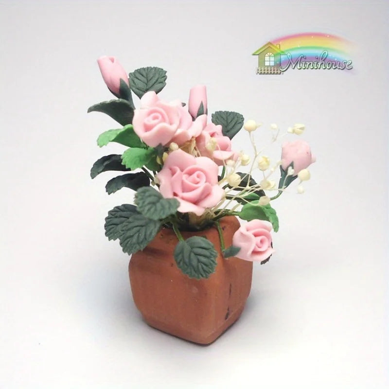 1/12 Scale Mini Clay Rose Potted Plant | Dollhouse Miniature Dollhouse Miniature Axl