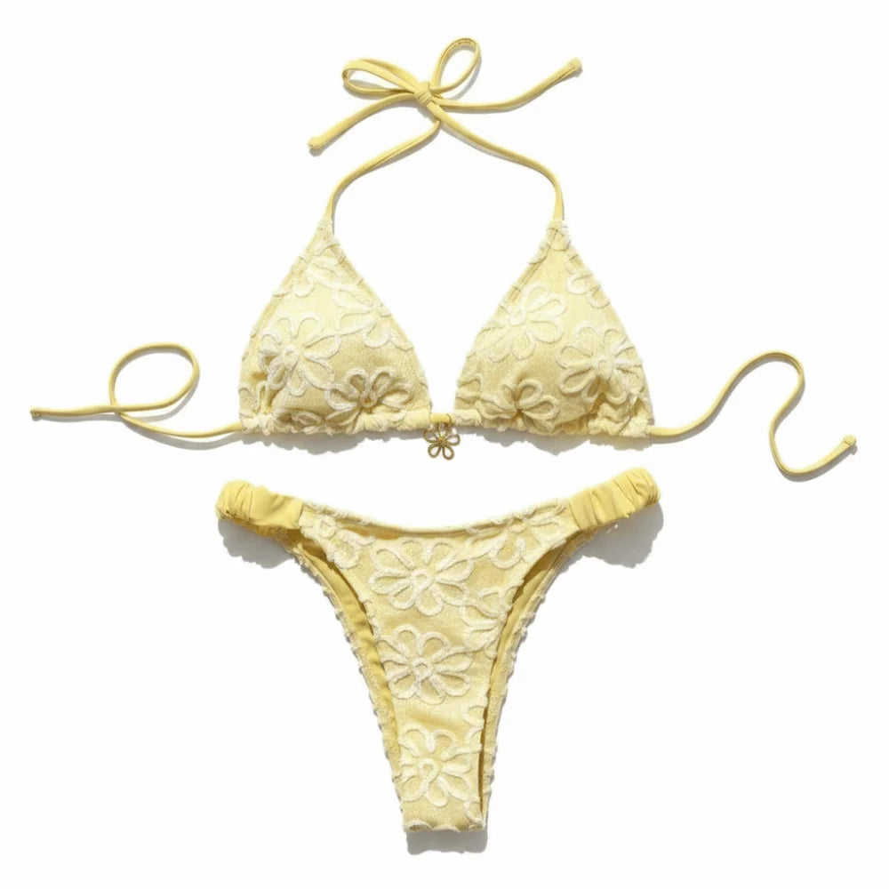 Two-Piece Halter Bikini Set – Deep V Lace-Up Floral Swimwear Halter Bikini Set Axl Yellow S