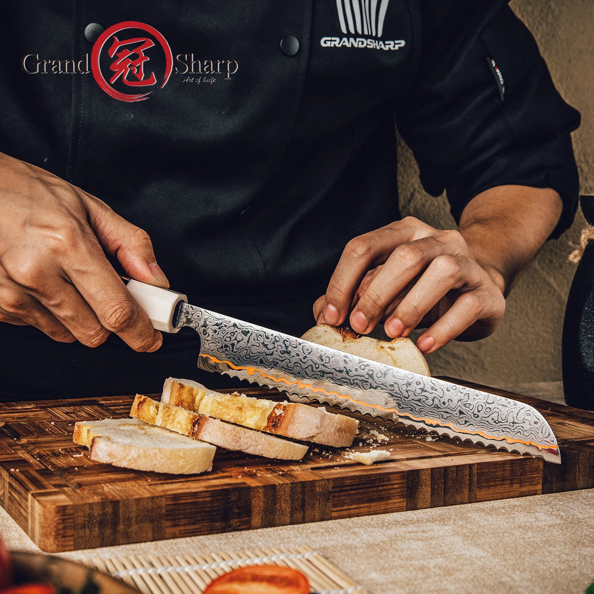 Grandsharp 8" Damascus Bread Knife – 55-Layer Serrated Steel Damascus Bread Knife Axl