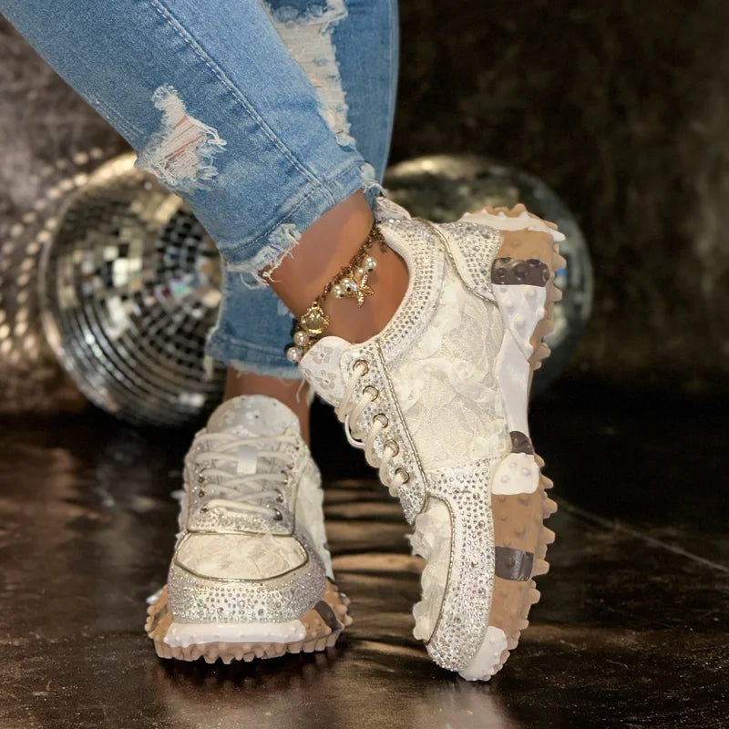 Women's Rhinestone Sneakers – Thick Sole Casual Sport Shoes Women's Fashion Sneakers Axl