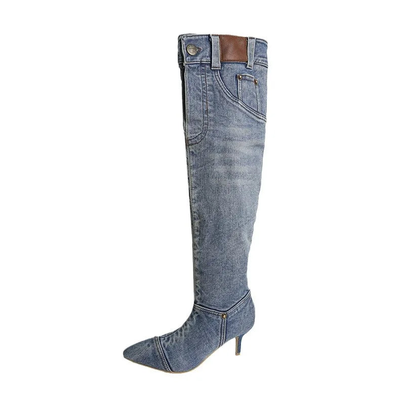 Women's Pointed Toe Knee-High Boots | Retro Slim Heel Slip-On Knee-High Boots Axl