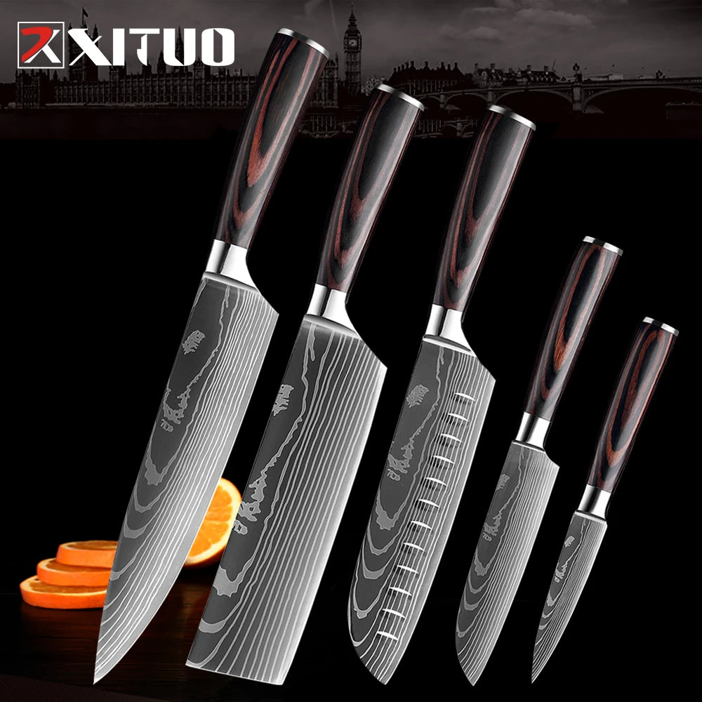 XITUO Damascus Chef Knife Set 1–10 Pcs | Ultra-Sharp Kitchen Knives Chef Knife Set Axl 5 PCS Knife B