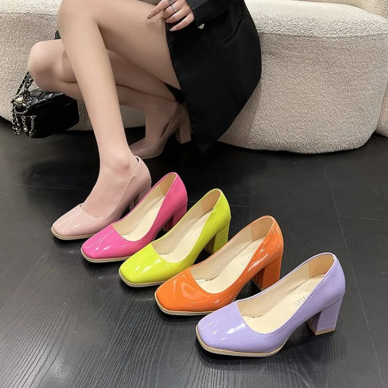 Women's Retro Square Toe Block Heel Pumps – Slip-On Dress Block Heel Pumps Axl
