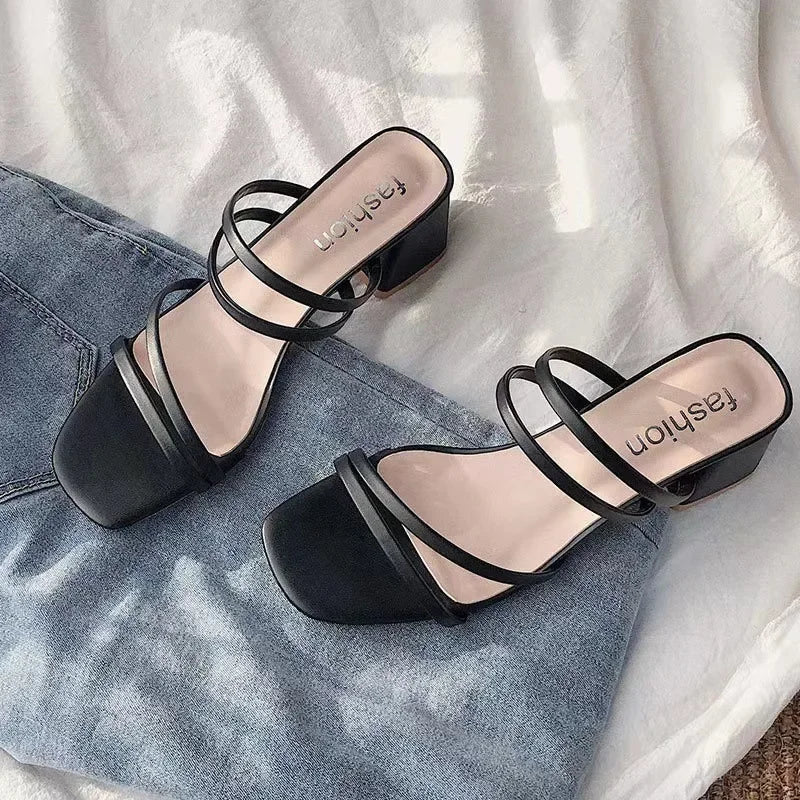 YBQJOO Women's Square Heel Sandals – Elegant Slip-On Summer Women's Heel Sandals Axl Black 34