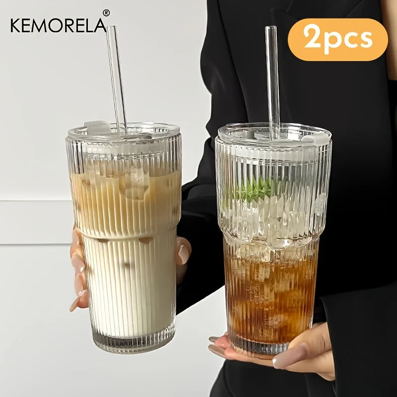 KEMORELA 600ml Striped Glass Cup with Lid & Straw | Iced Drinks Glass Drinking Cup Axl 2pcs-With Cover 601-700ml