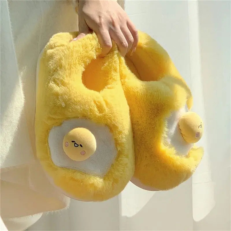 Fried Egg Plush Slippers – Novelty Fleece Indoor Slides Women Novelty Plush Slippers Axl