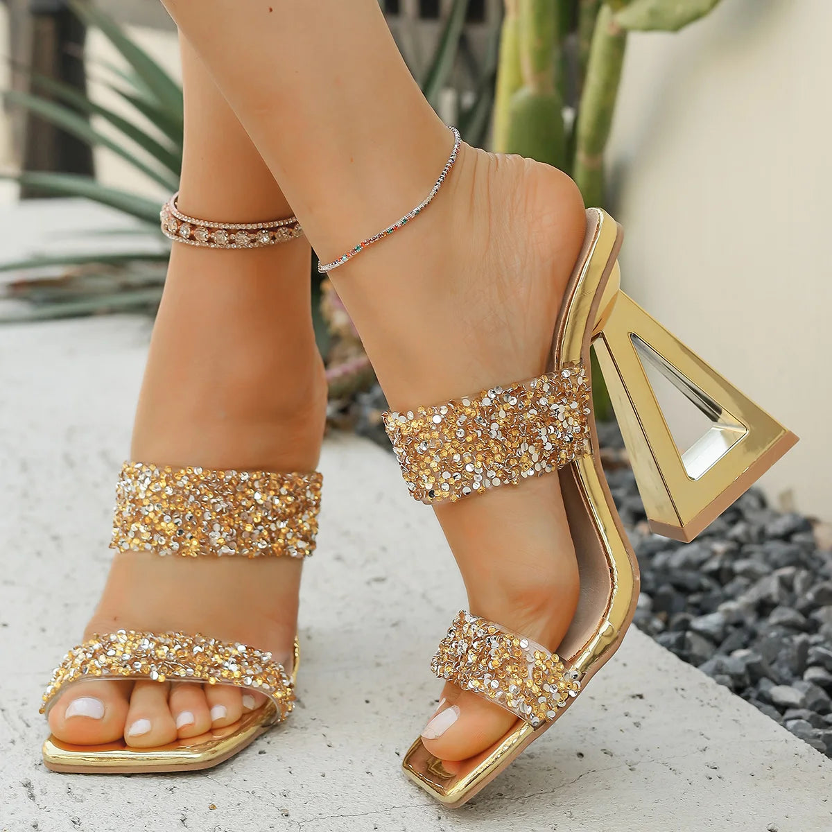 Women's Rhinestone Sequin Slip-On Sandals | Elegant Summer Heels Women's Sandals Axl