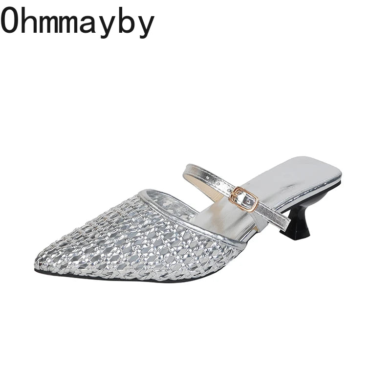 Women's Hollow Weave High Heel Mules – Square Heel Dress Slides High Heel Mules Axl