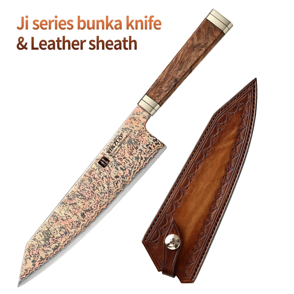 XINZUO 8.27" Bunka Knife – 53-Layer Copper Damascus Steel Damascus Kitchen Knife Axl with Leather Sheath China Mainland