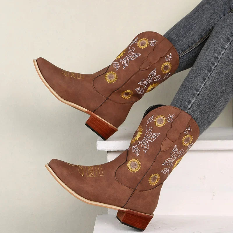 Women's Embroidery Flower Mid-Calf Western Cowboy Boots Women's Cowboy Boots Axl Brown 43