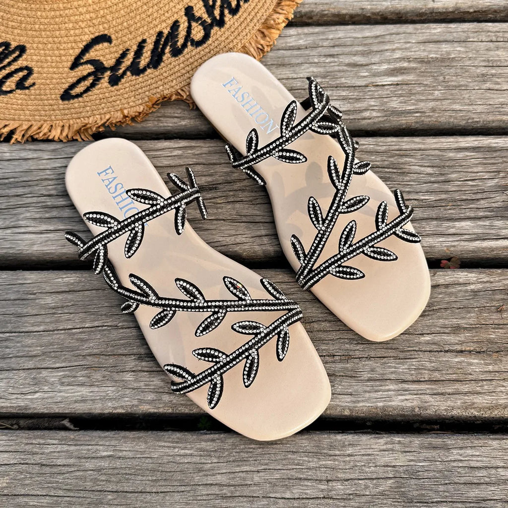 Women's Rhinestone Leaf Flat Slide Sandals | Summer Beach Slippers Flat Slide Sandals Axl Black 36