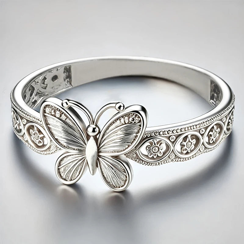 Huitan Silver Butterfly Ring – Hollow Floral CZ Women's Ring Fashion Ring Axl T1115 6