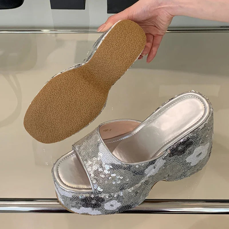 Women's 13CM Sequined Wedge Platform Sandal – Open Toe Heels Wedge Platform Sandals Axl