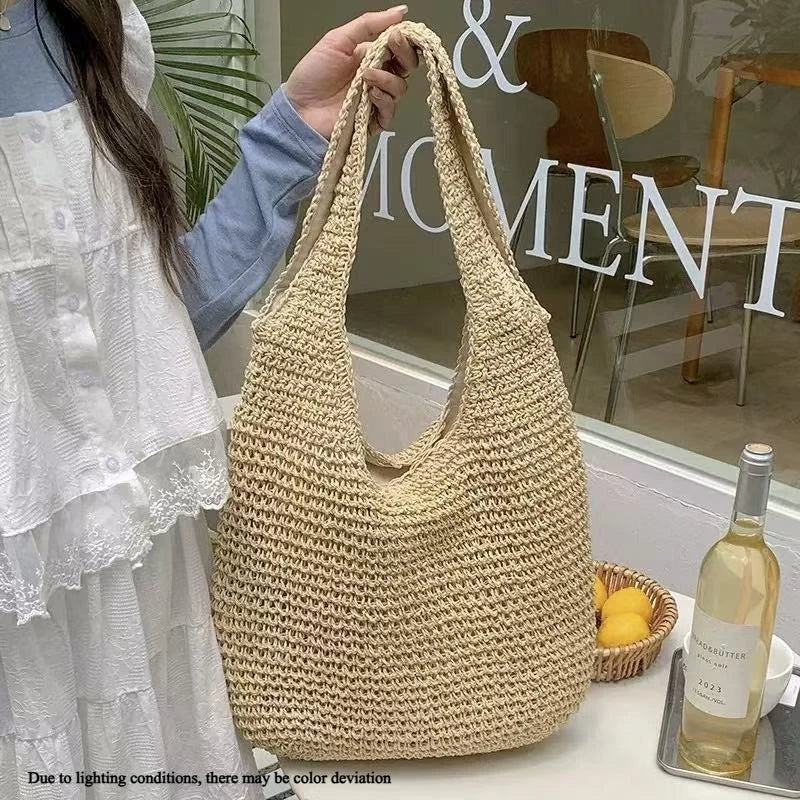 Women's Woven Straw Tote Bag – Large Beach Shoulder Handbag Straw Tote Bag Axl Beige-02-1pcs