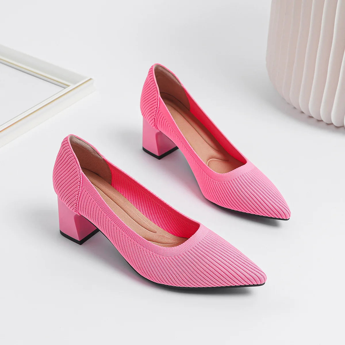 YBQJOO Women's Pointed Toe Block Heel Pumps – Knit Work Shoes High Heel Pumps Axl Pink 38