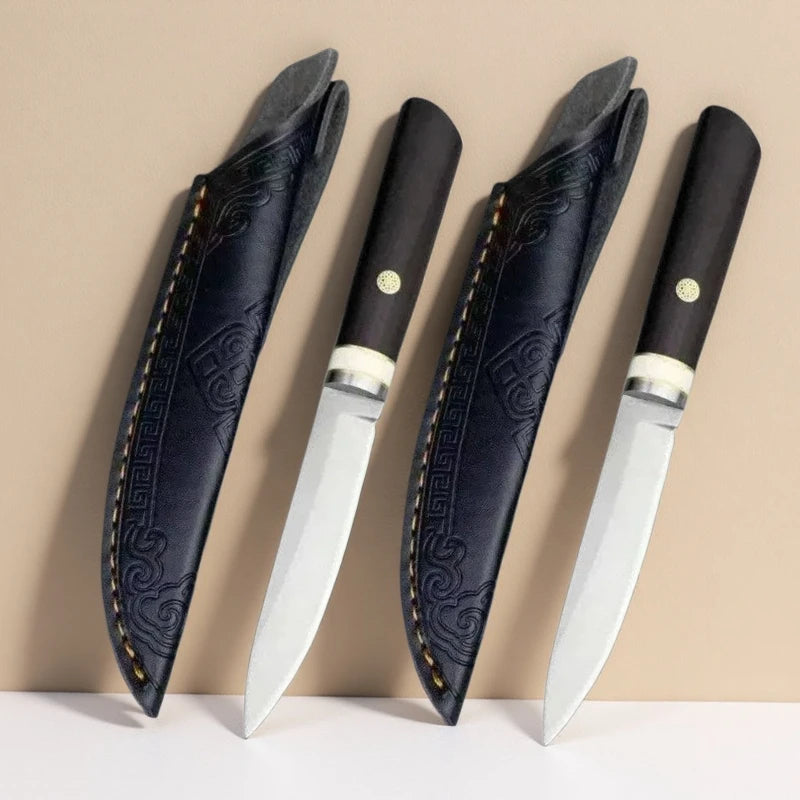 Ebony Handle Paring Knife 5Cr15 Steel Blade & Leather Sheath Paring Knife Axl 2 PCS