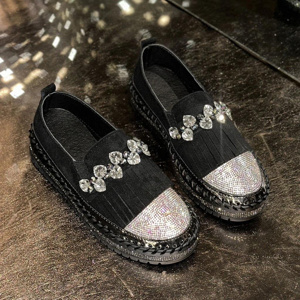 Women's Rhinestone Cow Suede Loafers – Flat Slip-On Shoes Suede Loafers Axl black 42