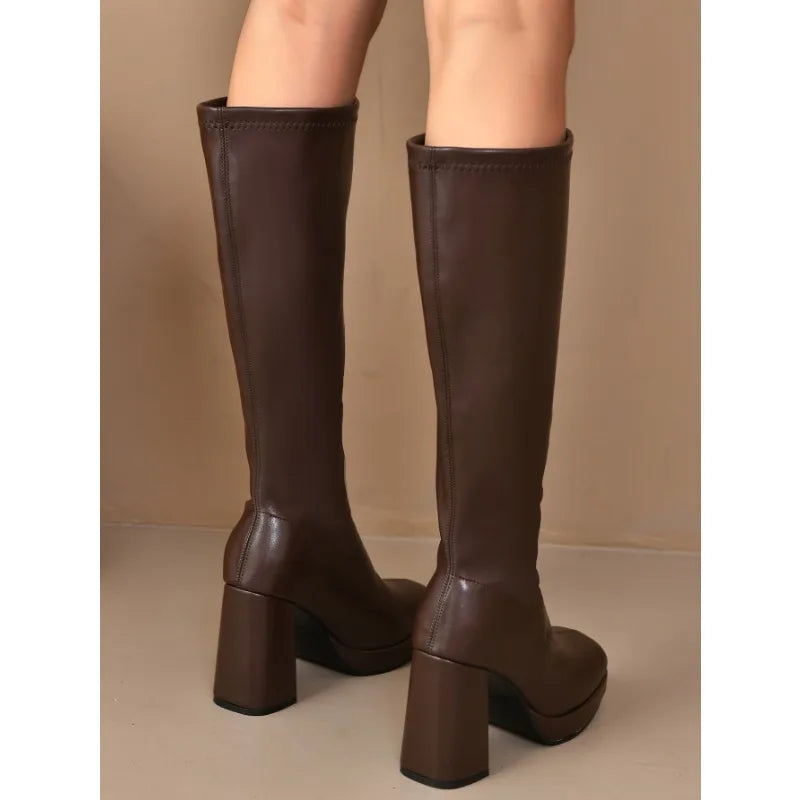 Women's Square Toe Knee-High Knight Boots | Thick Platform Heel Knee-High Fashion Boots Axl