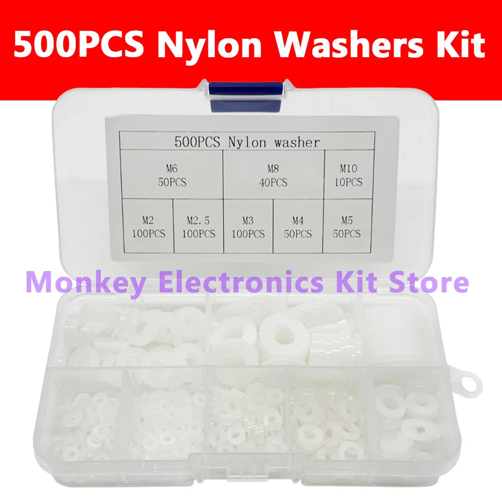 500 PCS Nylon Flat Washer Kit – M2 to M10 Insulation Gaskets Nylon Washer Kit Axl 500pcs Kit