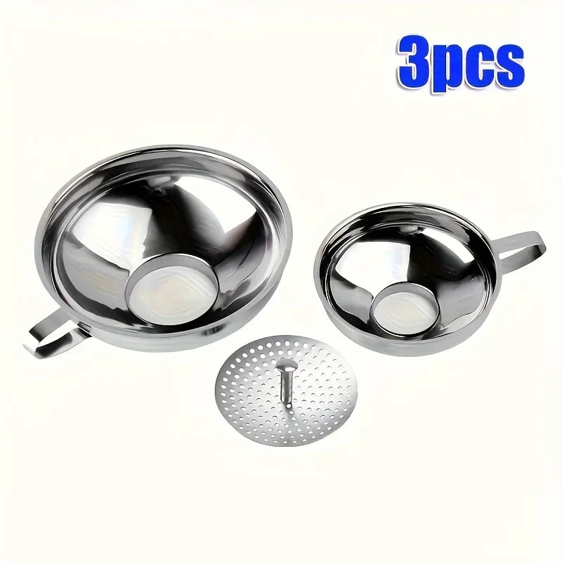 3-Pc Stainless Steel Canning Funnels Set with Strainer Canning Funnel Set Axl silvery-3pcs