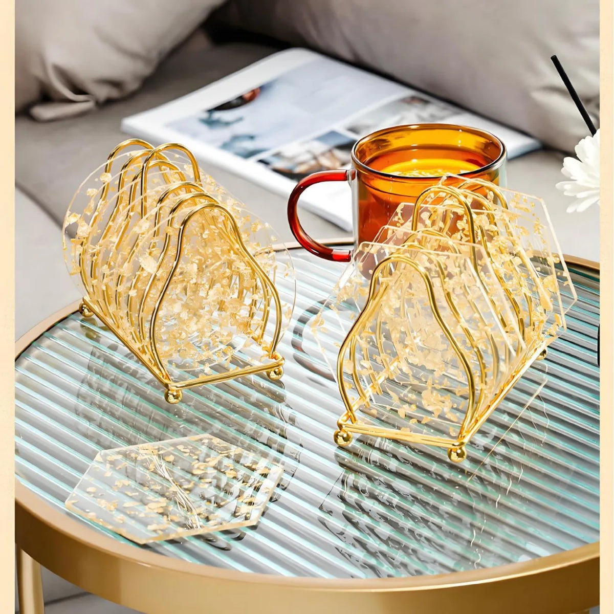 4-Piece Golden Foil Acrylic Coaster Set – Heat Resistant Pads Acrylic Coaster Set Axl