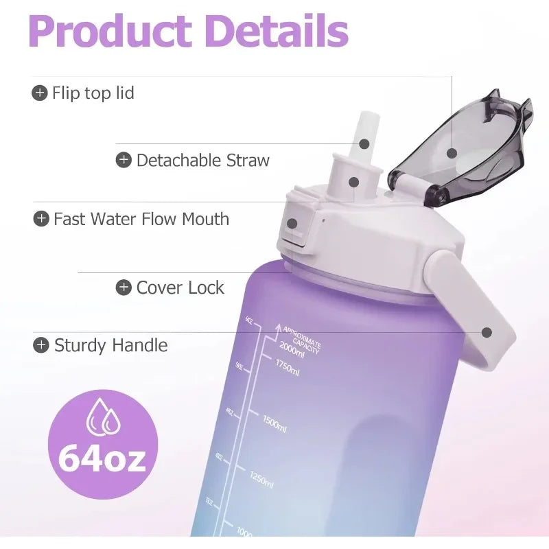 KEMORELA 2L Water Bottle with Straw & Time Marker Sports Water Bottle Axl