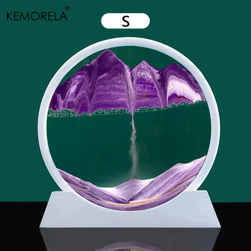 3D Moving Sand Art Picture – 18.5cm Round Glass Ocean Sandscape Sand Art Decor Axl White Base-Purple