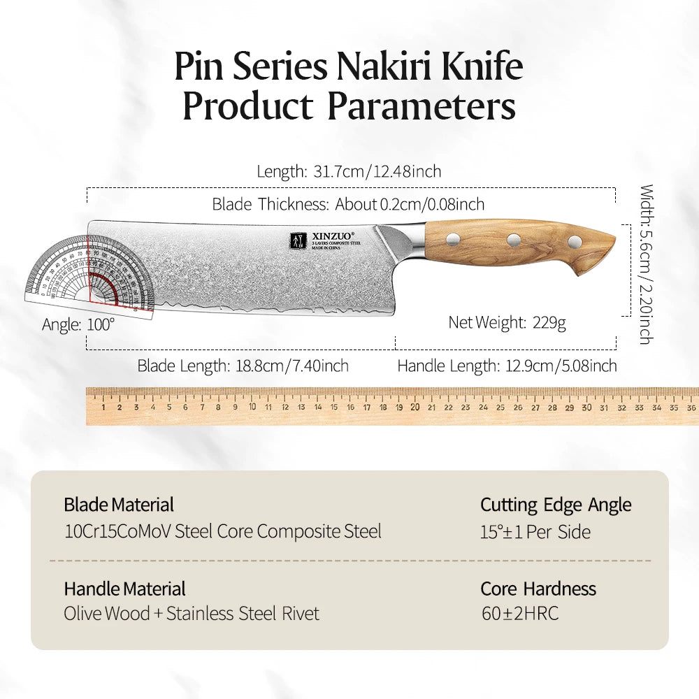 XINZUO 7.4-Inch Nakiri Knife | 10Cr15CoMoV Composite Steel Nakiri Kitchen Knife Axl