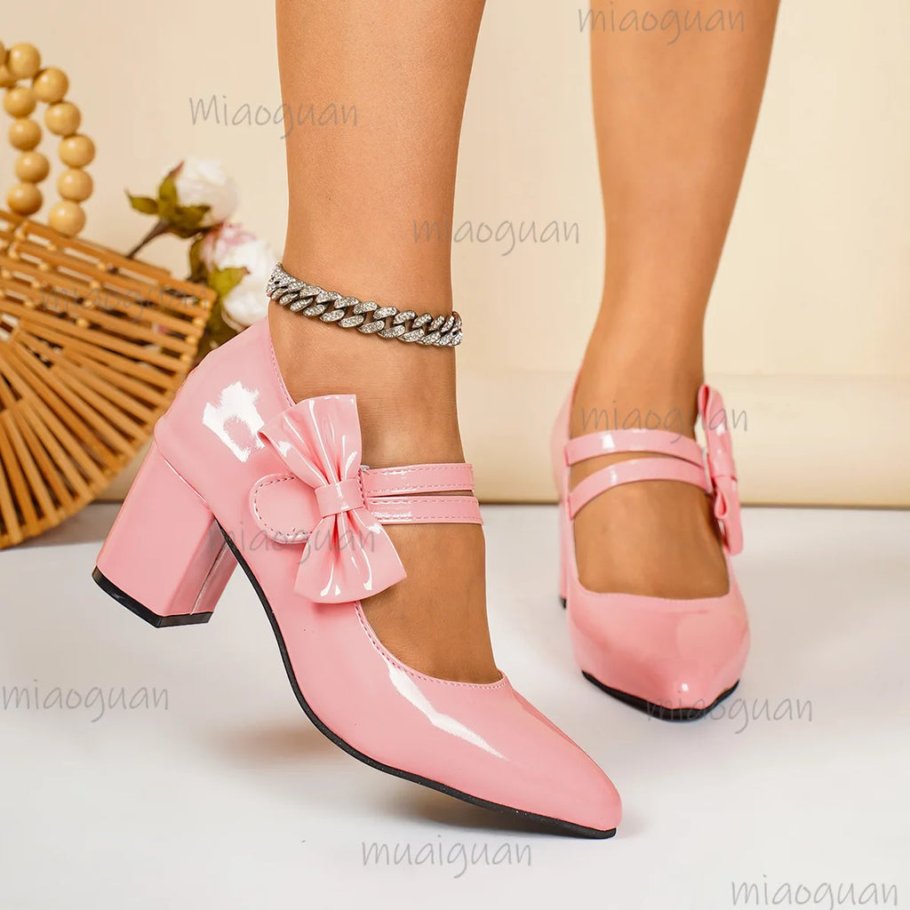 Bow Mary Jane Chunky Heel Pumps | Women's Office Loafers Mary Jane Pumps Axl