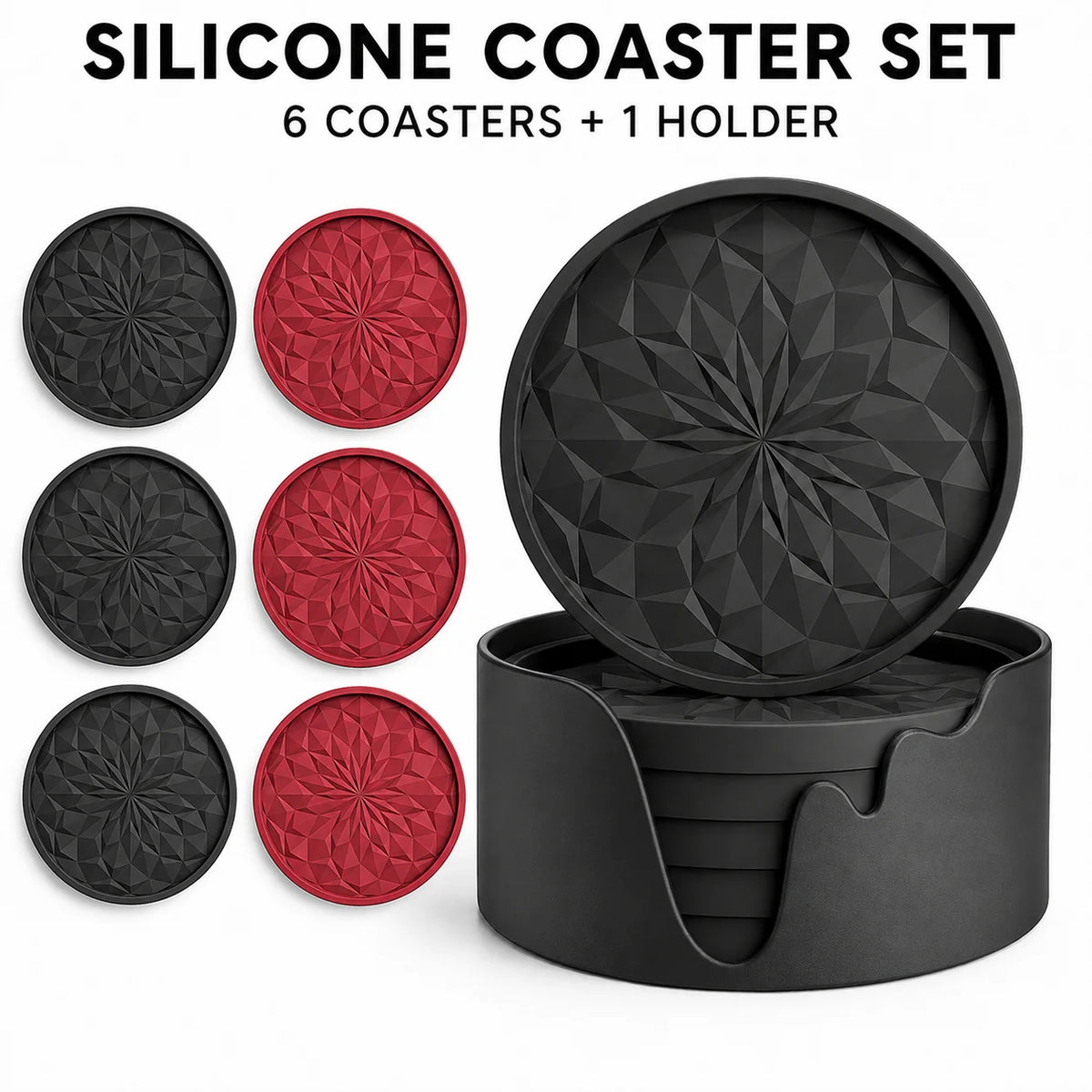 6-Piece Silicone Coasters with Holder – Non-Slip & Heat Safe Silicone Coaster Set Axl
