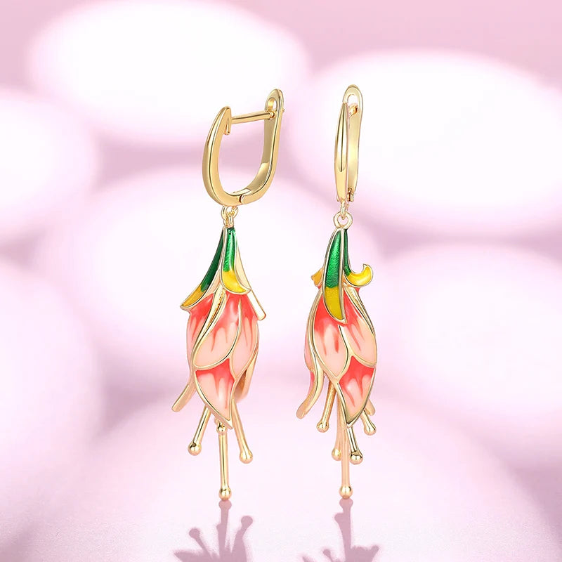 Huitan Pink Tulip Enamel Drop Earrings | Women's Fashion Jewelry Enamel Drop Earrings Axl E3563