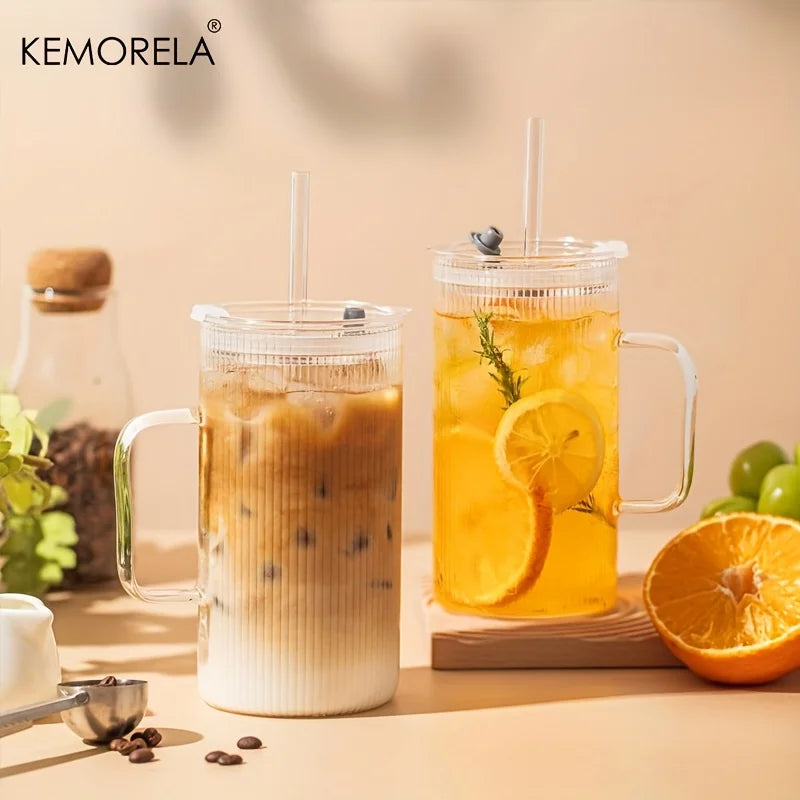 KEMORELA 740ml Ribbed Glass Tumbler with Handle, Lid & Straw Glass Tumbler Set Axl