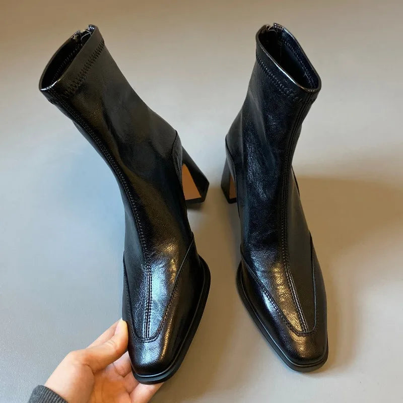 Women's Thick Heel Ankle Boots – Retro Square Toe High Heels Ankle Boots Axl