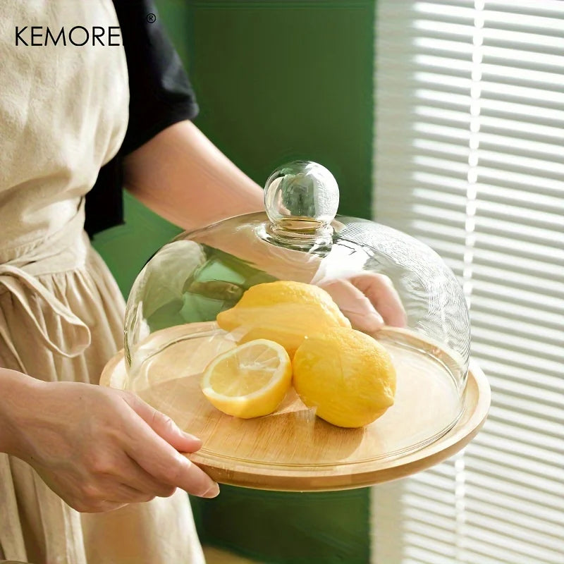 KEMORELA Bamboo Cake Stand with Clear Glass Lid | Dustproof Bamboo Cake Stand Axl