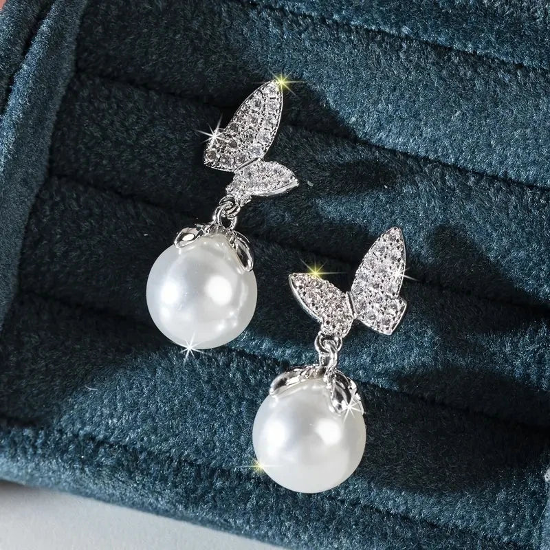 Huitan Butterfly Drop Earrings with Imitation Pearl | Women Drop Earrings Axl