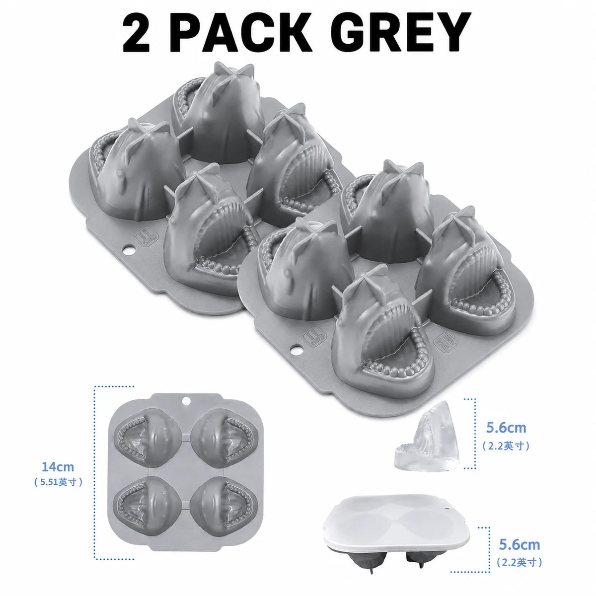3D Shark Silicone Ice Cube Mold – Large Slow-Melt Ice Maker Ice Cube Mold Axl 2 Pack Grey