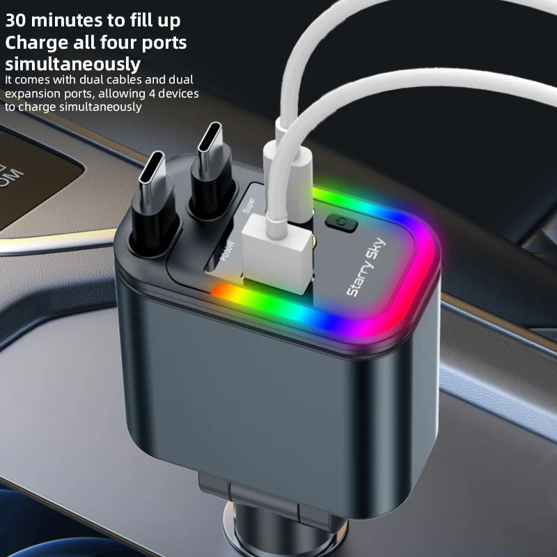 4-in-1 PD30W Retractable Car Charger USB-C & USB-A Fast Charge Retractable Car Charger Axl