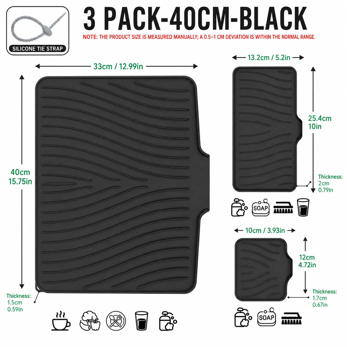 3-Piece Silicone Dish Drying Mat Set – Drainage & Trivet Dish Drying Mat Set Axl 3 PACK-40CM-Black All Set