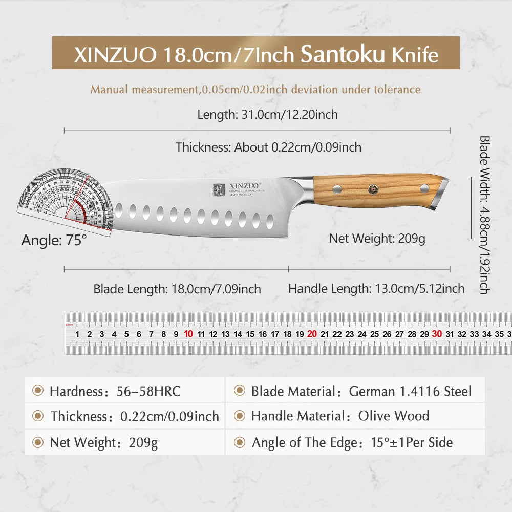 XINZUO 7.1" Santoku Knife – German Steel & Olive Wood Handle Santoku Knife Axl