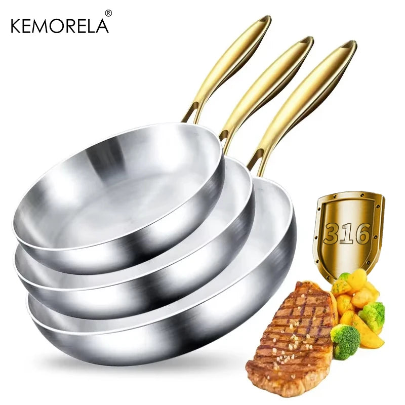 KEMORELA 3-Pc 316 Stainless Steel Non-Stick Frying Pan Set Stainless Steel Cookware Axl