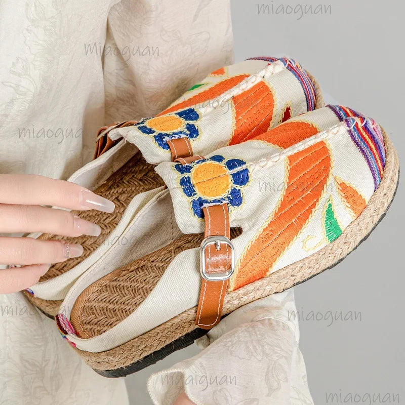 Women's Embroidered Linen Mule Slippers – Flat Ethnic Sandals Mule Slippers Axl