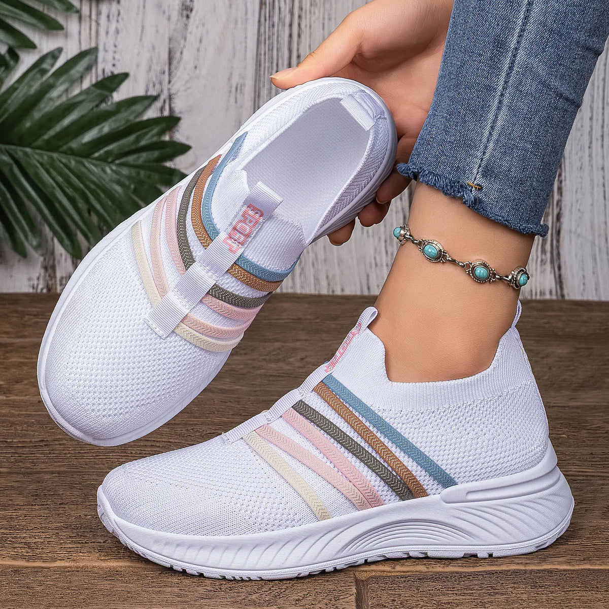 Women's Mesh Knit Striped Slip-On Platform Sneakers Women's Sneakers Axl