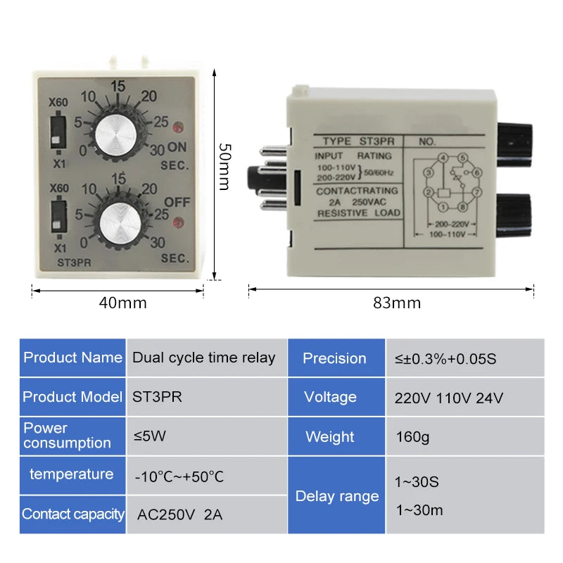 ST3PR Dual Cycle Twin Timer Relay with Socket Base | SPDT Electrical Timer Relay Axl