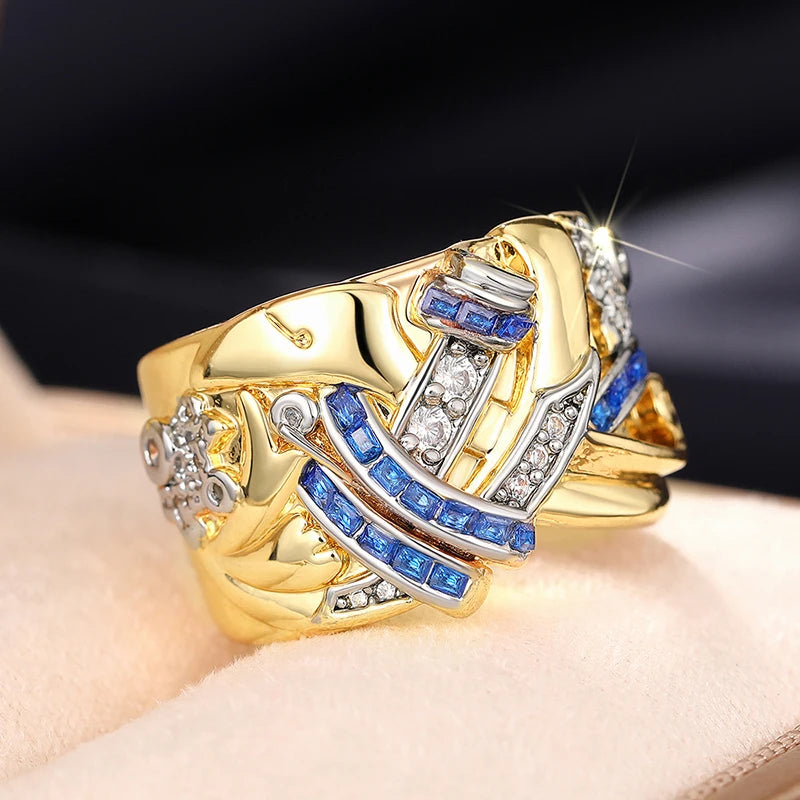 Huitan Two-Tone Flower Ring for Women – Blue & White CZ Fashion Ring Axl