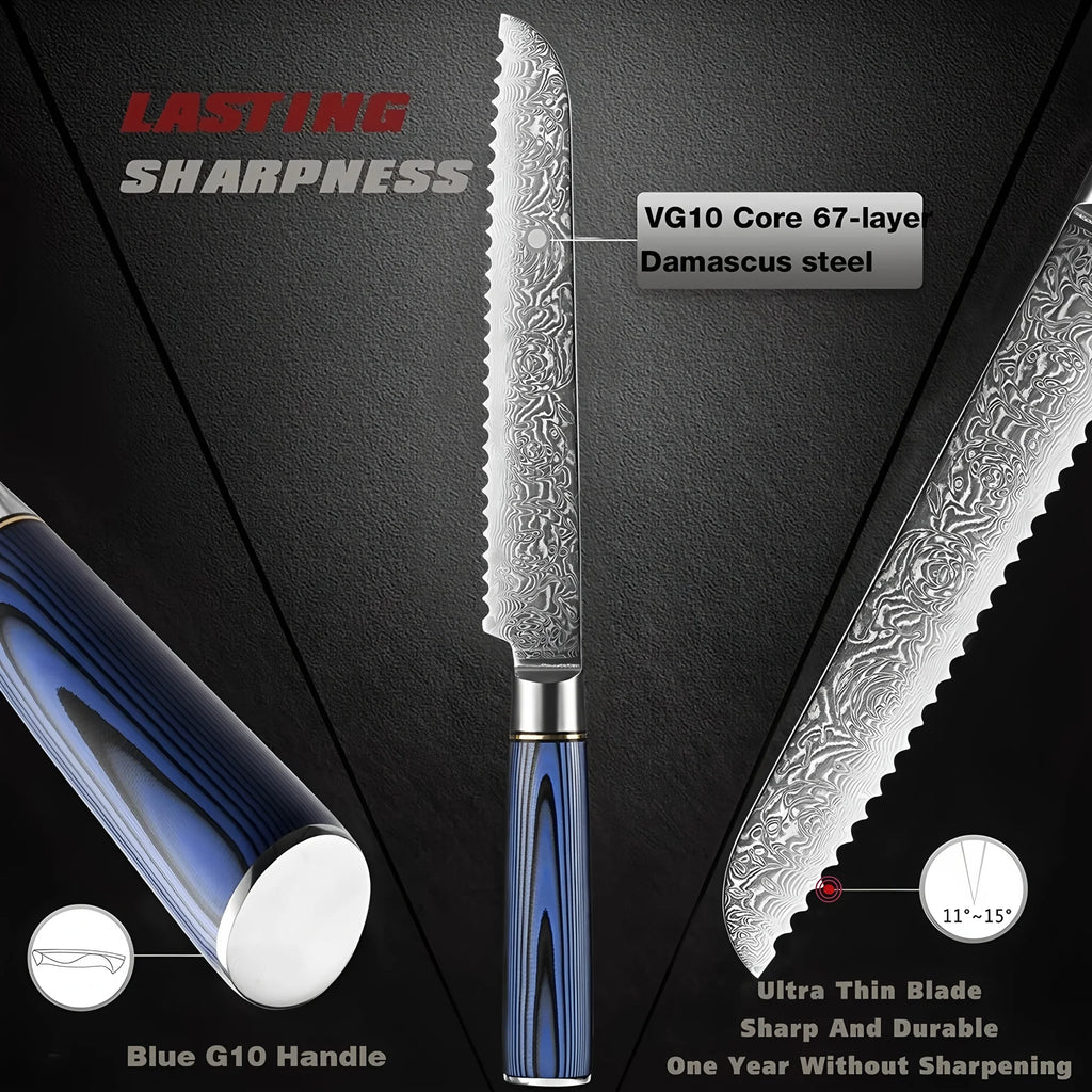 67-Layer Damascus Steel Serrated Bread Knife – Ergonomic Serrated Bread Knife Axl