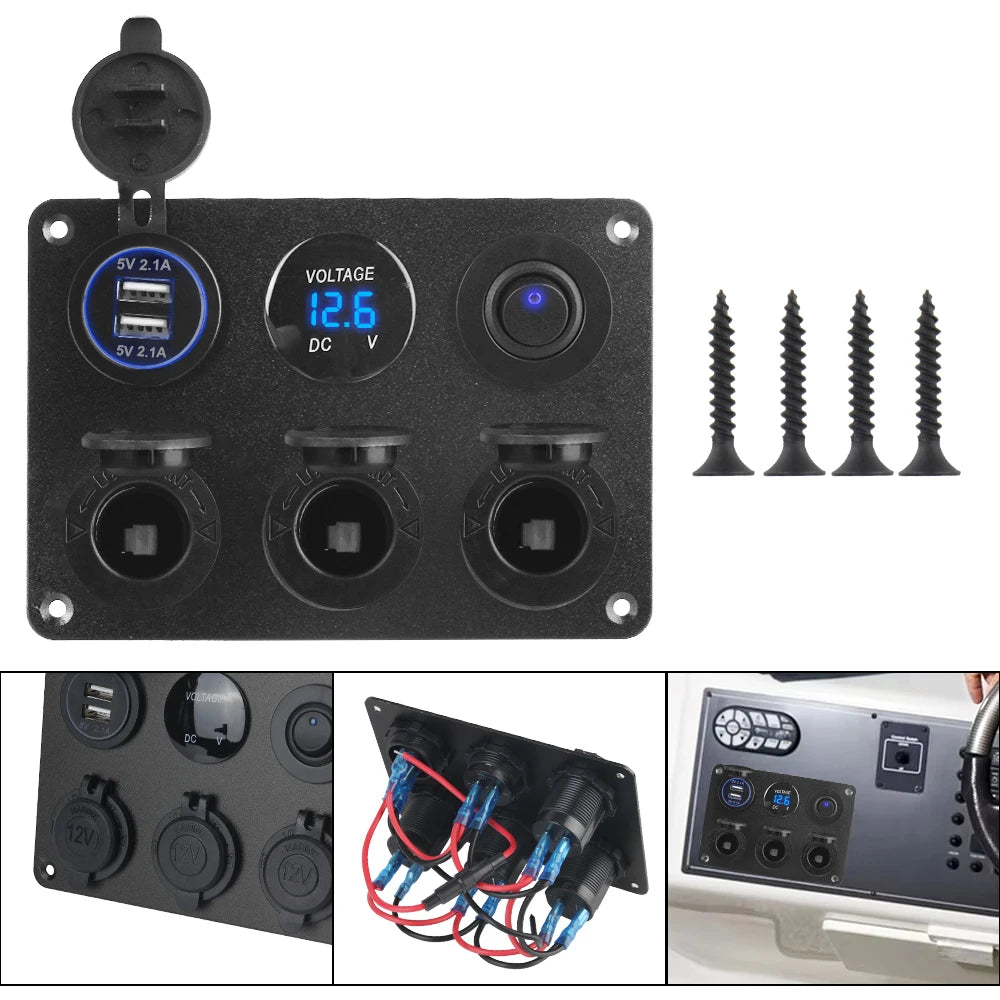 12V Power Panel – 3 Sockets, Dual USB 4.2A & LED Voltmeter Car Power Panel Axl