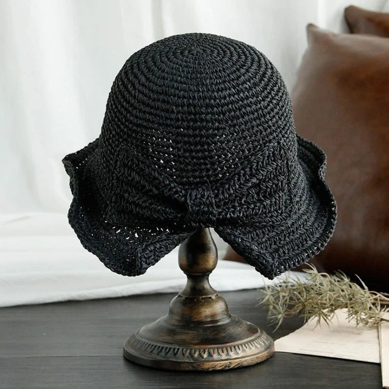 Women's Wide Brim Foldable Straw Beach Sun Hat with Bowknot Straw Sun Hat Axl 1